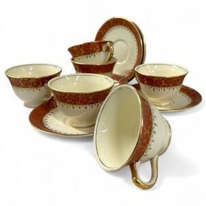 Vintage Eastern China USA Red & 22K Gold Floral Teacups with Saucers Set of 6
